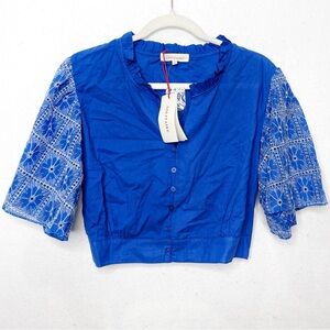 Solitare Women’s Shirt Size XL Blue Ruched Embroidery Crop Top Boho Blouse